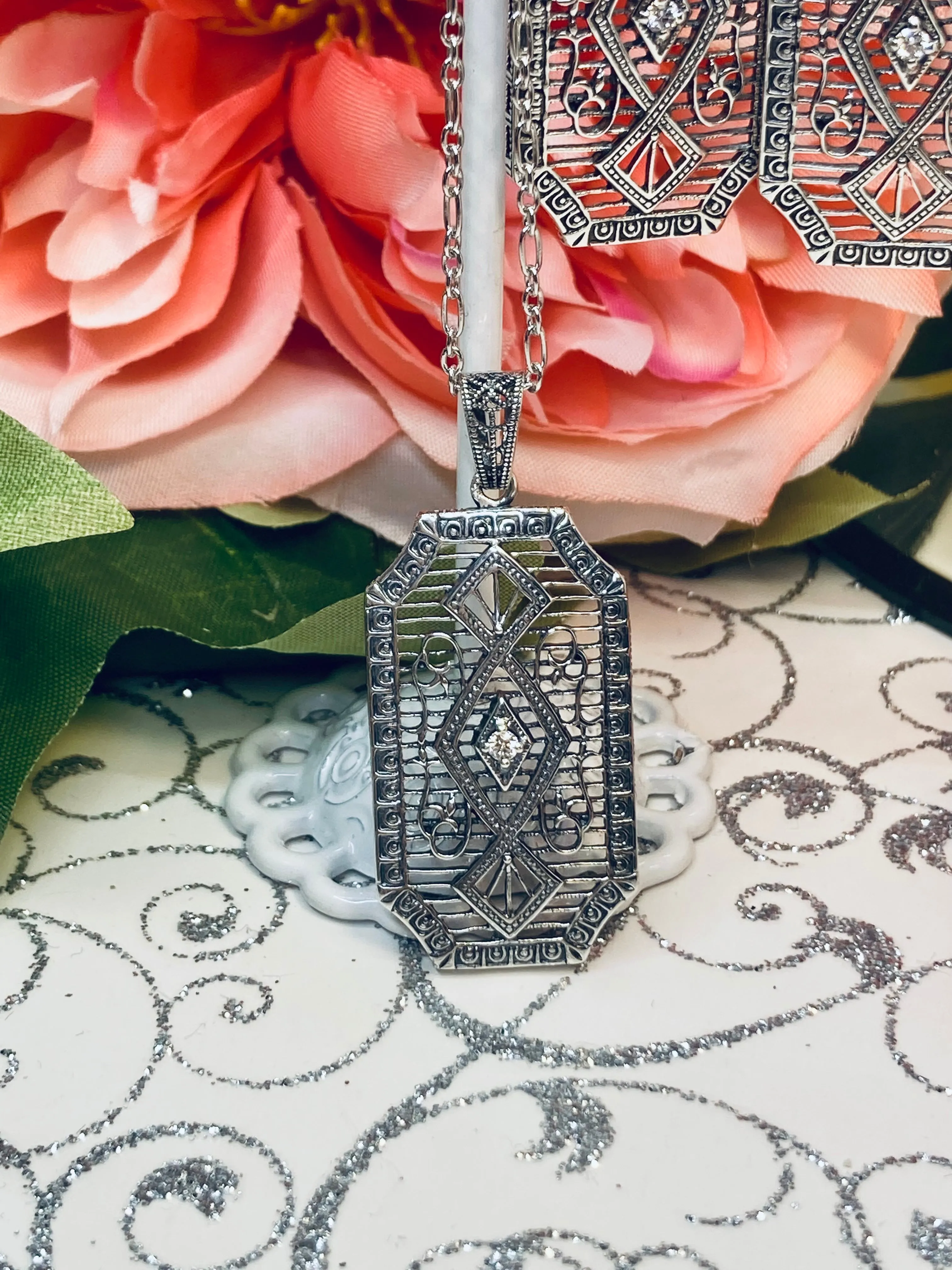 Moissanite Pendant with optional Earrings, Geometric Art Deco Inspired Vintage Revival Jewelry #S357