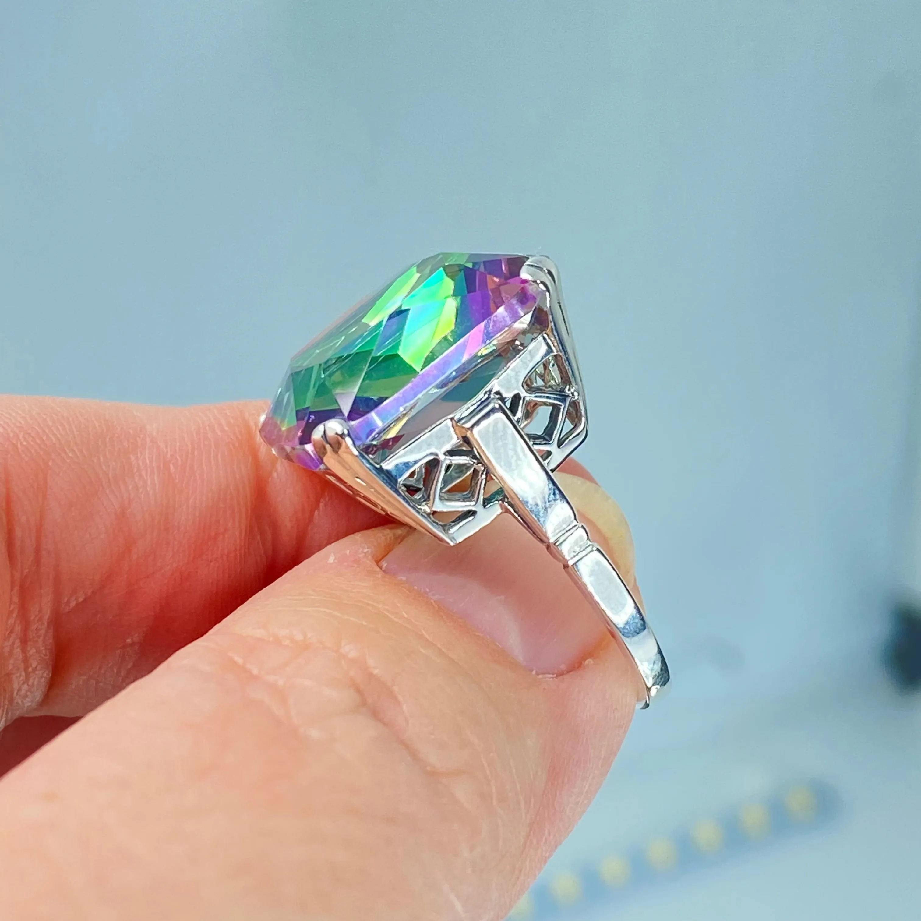 Mystic Topaz Ring, Size 5, Big 20ct Huge Square Gem, Vintage Jewelry #D1 - Ready to Ship
