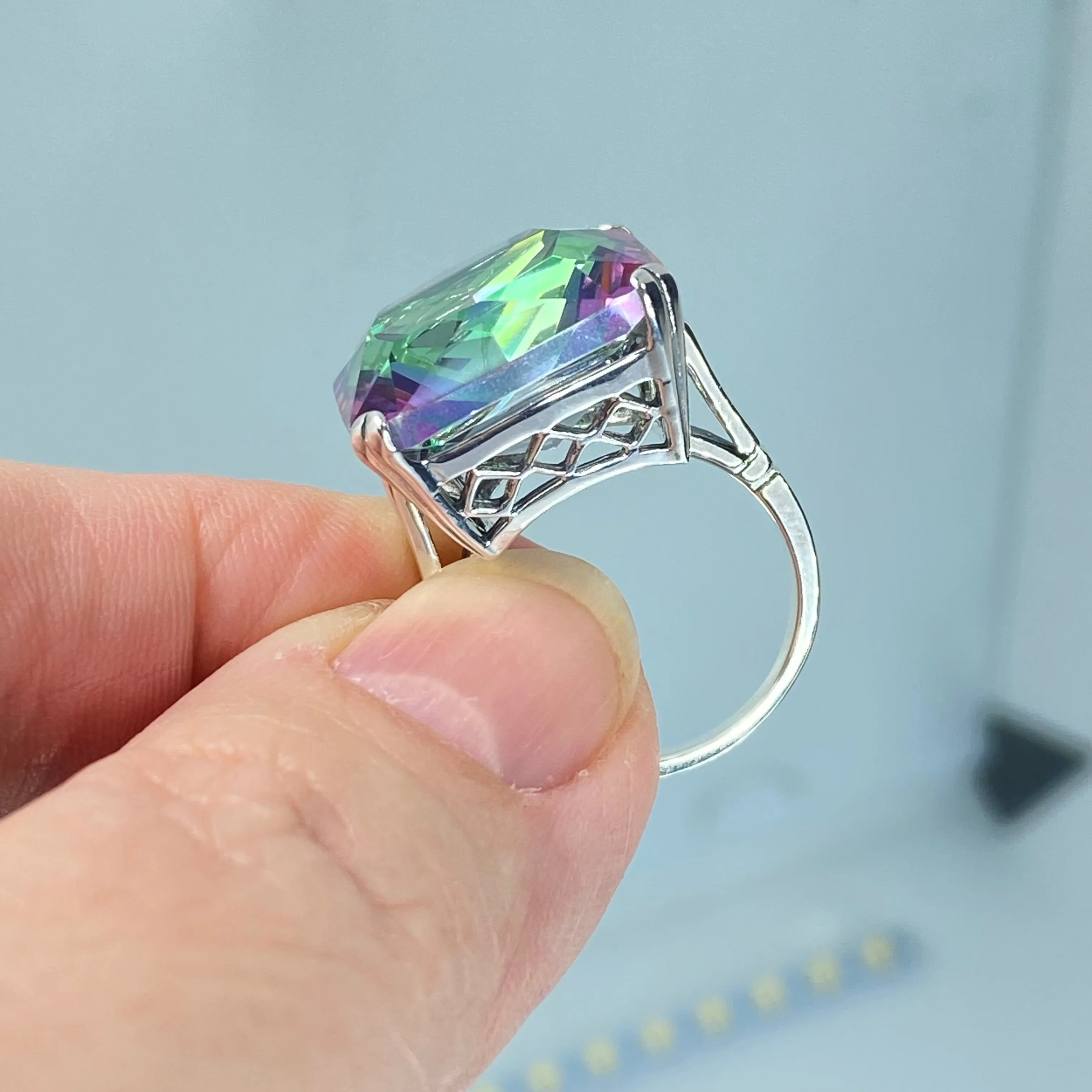 Mystic Topaz Ring, Size 5, Big 20ct Huge Square Gem, Vintage Jewelry #D1 - Ready to Ship