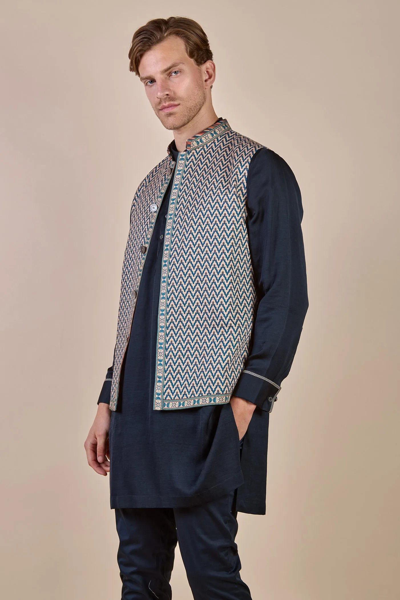 Navy Blue - Ivory Nehru Jacket