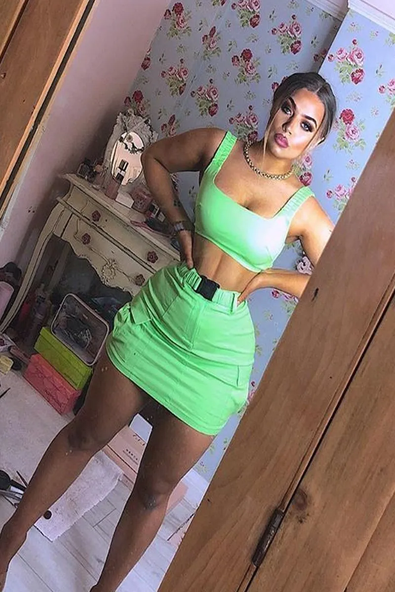 Neon Green Buckle Cargo Skirt and Crop Top Co-ord - Naliyah
