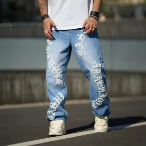 New Streetwear Men Fashion print Loose Jeans Trousers High Quality Men's Solid Casual Straight Denim Pants