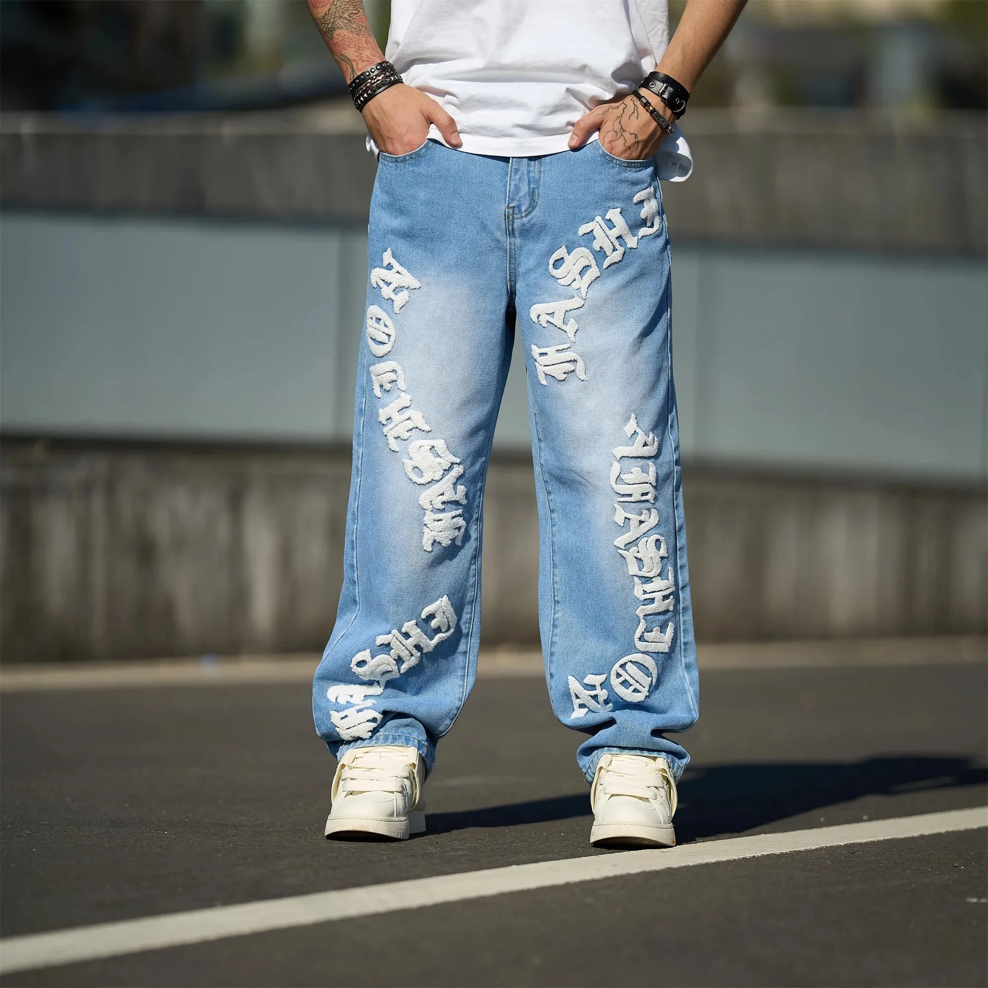 New Streetwear Men Fashion print Loose Jeans Trousers High Quality Men's Solid Casual Straight Denim Pants