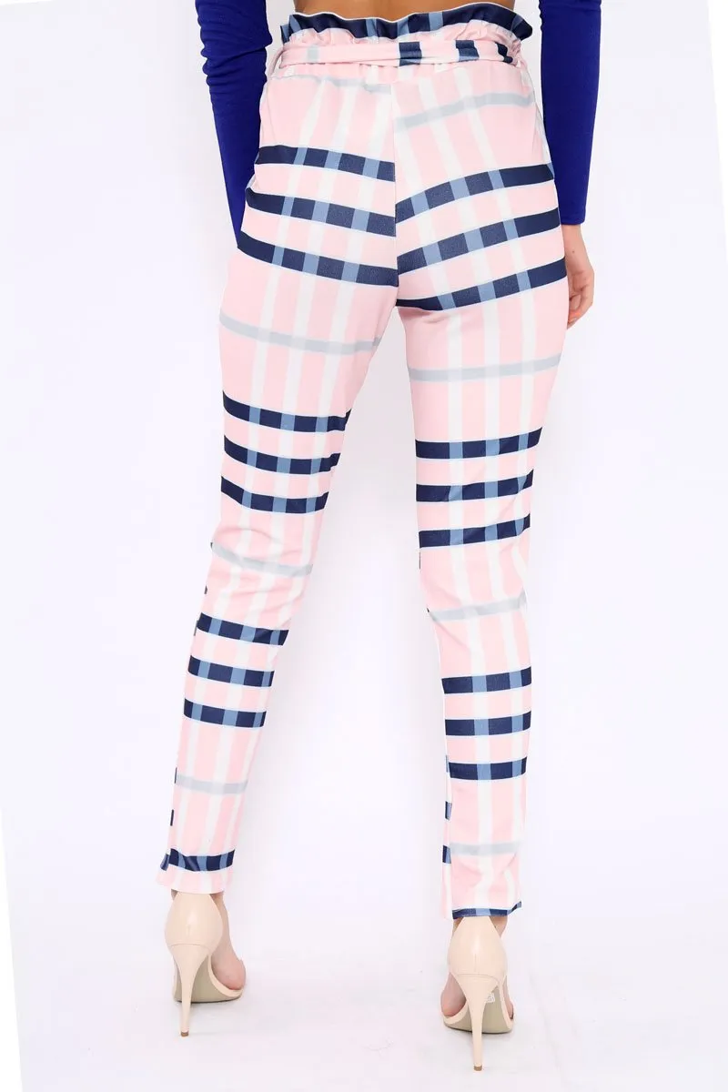 Pink Check Print Paper Bag Tie Waist Tapered Trousers - Ashi