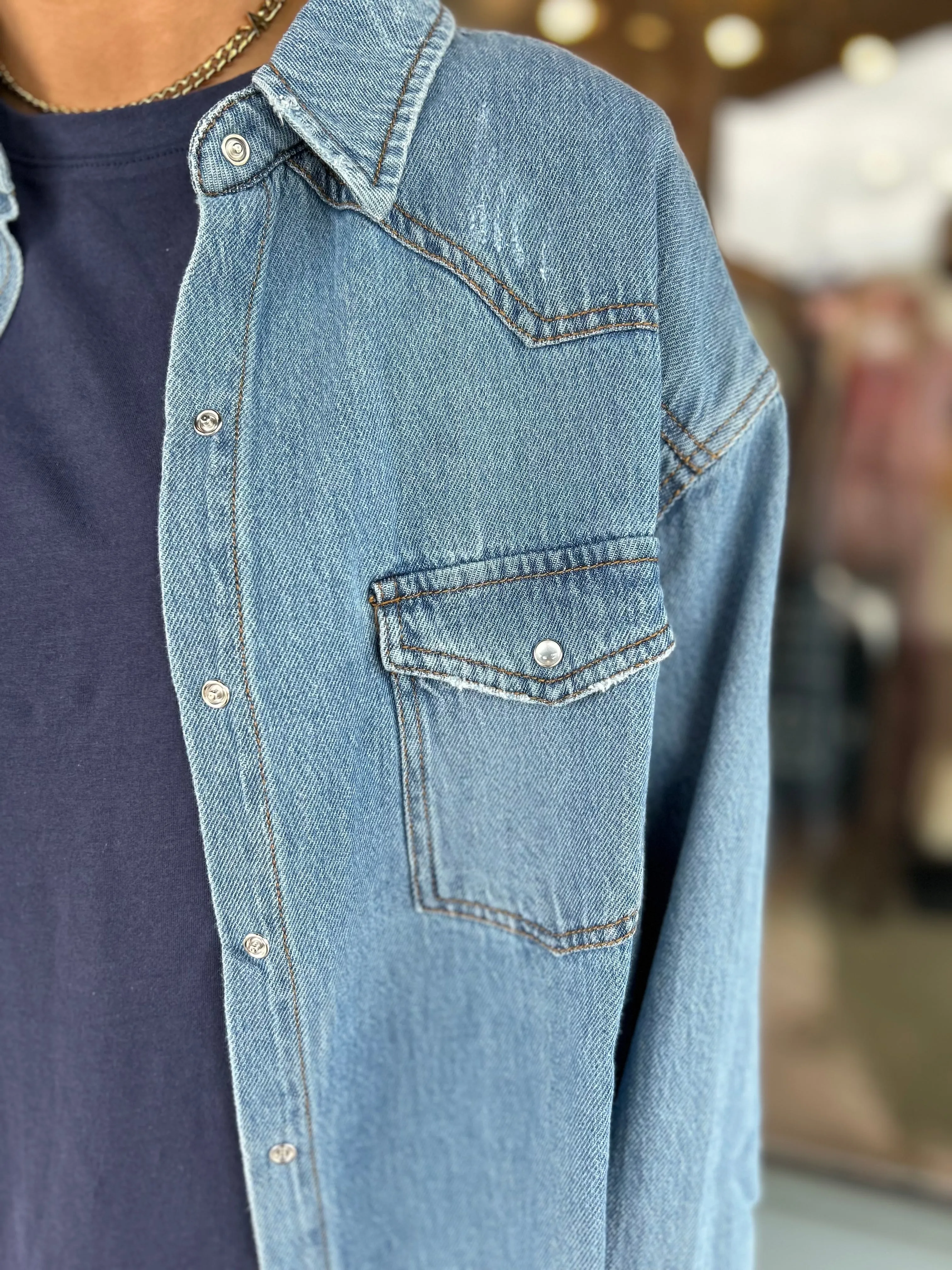 PLUS RELAXED FIT BUTTON DOWN DENIM SHIRTS