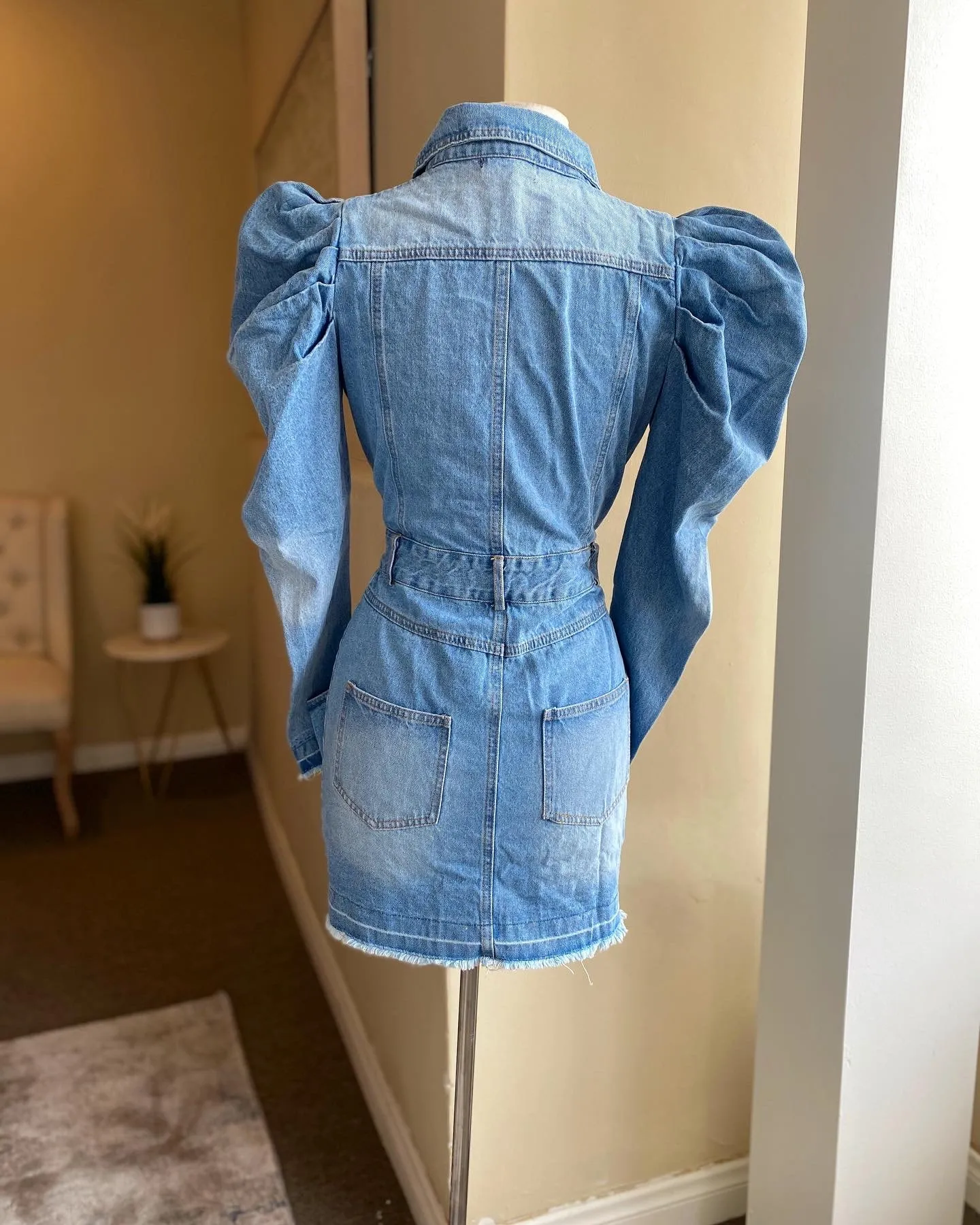Puff Button Down Denim Dress