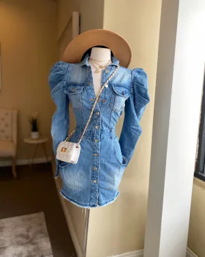 Puff Button Down Denim Dress