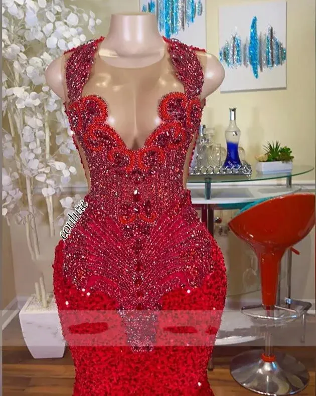 Red Long Mermaid Prom Dresses  Black Girls Sheer Crew Neck Diamonds Style Luxury Sparkly Rhinestones Crystals Sequined Prom Party Formal Evening Gowns