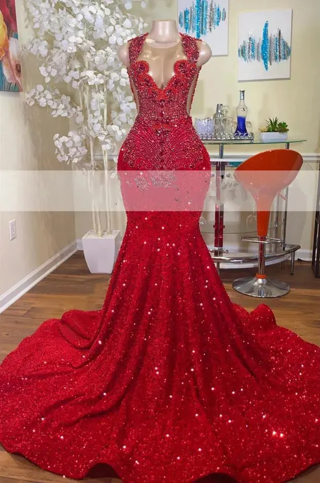 Red Long Mermaid Prom Dresses  Black Girls Sheer Crew Neck Diamonds Style Luxury Sparkly Rhinestones Crystals Sequined Prom Party Formal Evening Gowns