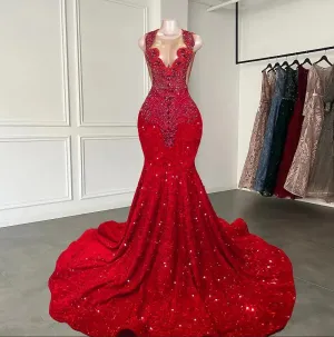 Red Long Mermaid Prom Dresses  Black Girls Sheer Crew Neck Diamonds Style Luxury Sparkly Rhinestones Crystals Sequined Prom Party Formal Evening Gowns