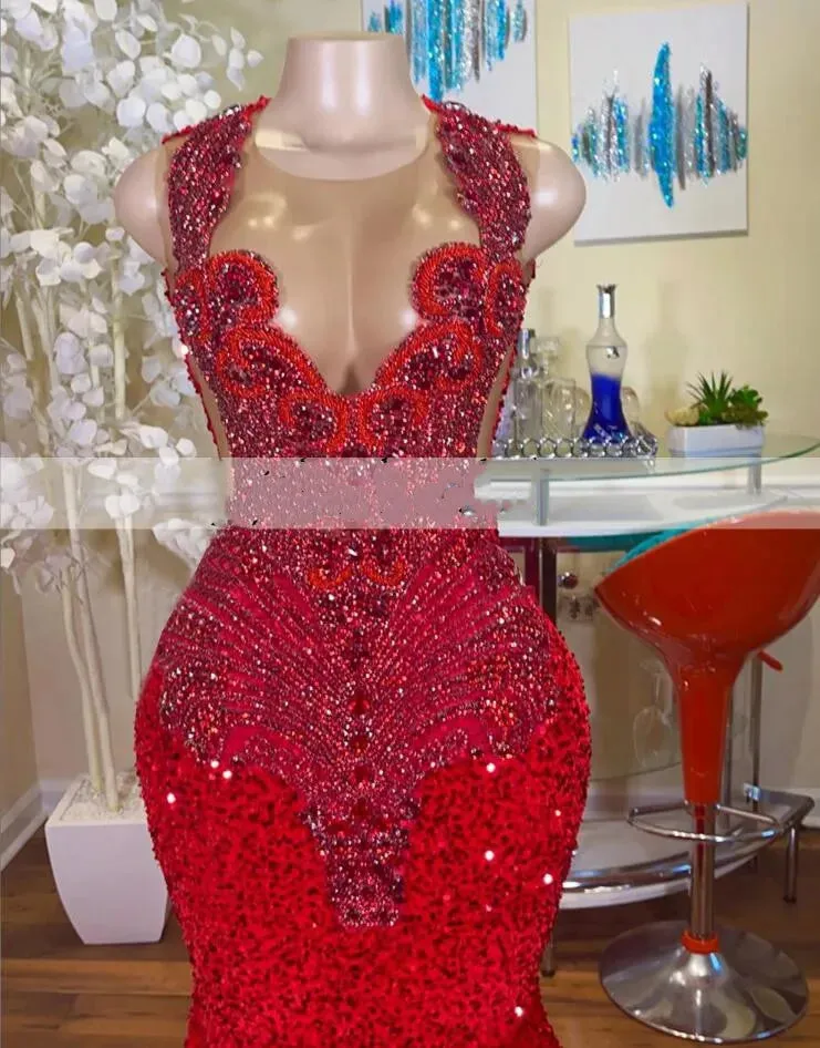 Red Long Mermaid Prom Dresses  Black Girls Sheer Crew Neck Diamonds Style Luxury Sparkly Rhinestones Crystals Sequined Prom Party Formal Evening Gowns