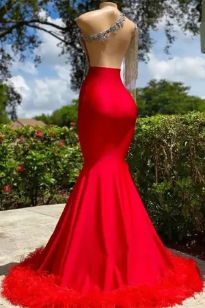 Red Prom Dresses With Silver Sequins Appliques Illusion Top One Shoulder Open Back Party Evening Gowns Beaded Tassel Formal Vestidos de bal