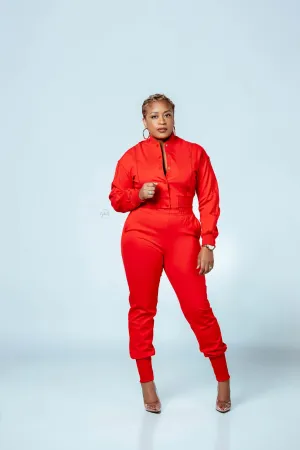 Red Zipper Detail Jogger Set
