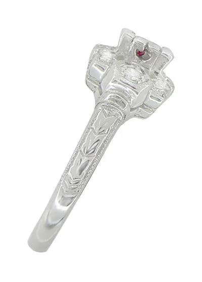 Ruby and Diamond Art Deco 18 Karat White Gold Shield Engagement Ring