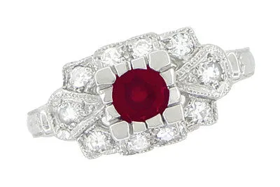 Ruby and Diamond Art Deco 18 Karat White Gold Shield Engagement Ring