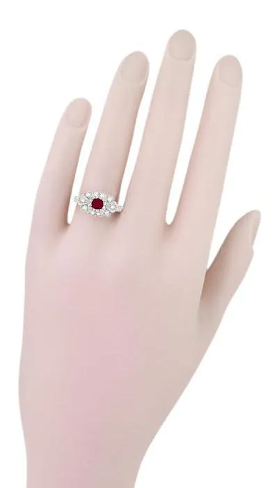 Ruby and Diamond Art Deco 18 Karat White Gold Shield Engagement Ring