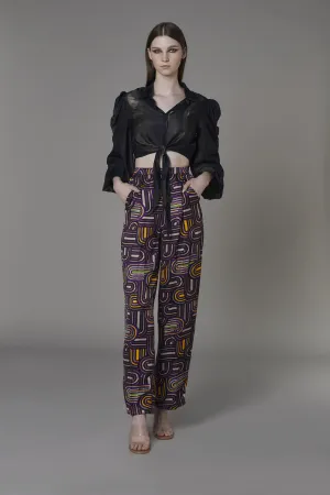 Saaksha & KinniÂ    I   Olive black stripe knot shirtPurple semi circle pants Blouse - Cotton SilkTrousers - Satin Blouse - Olive BlackTrousers - Purple   SS22077  SS22118