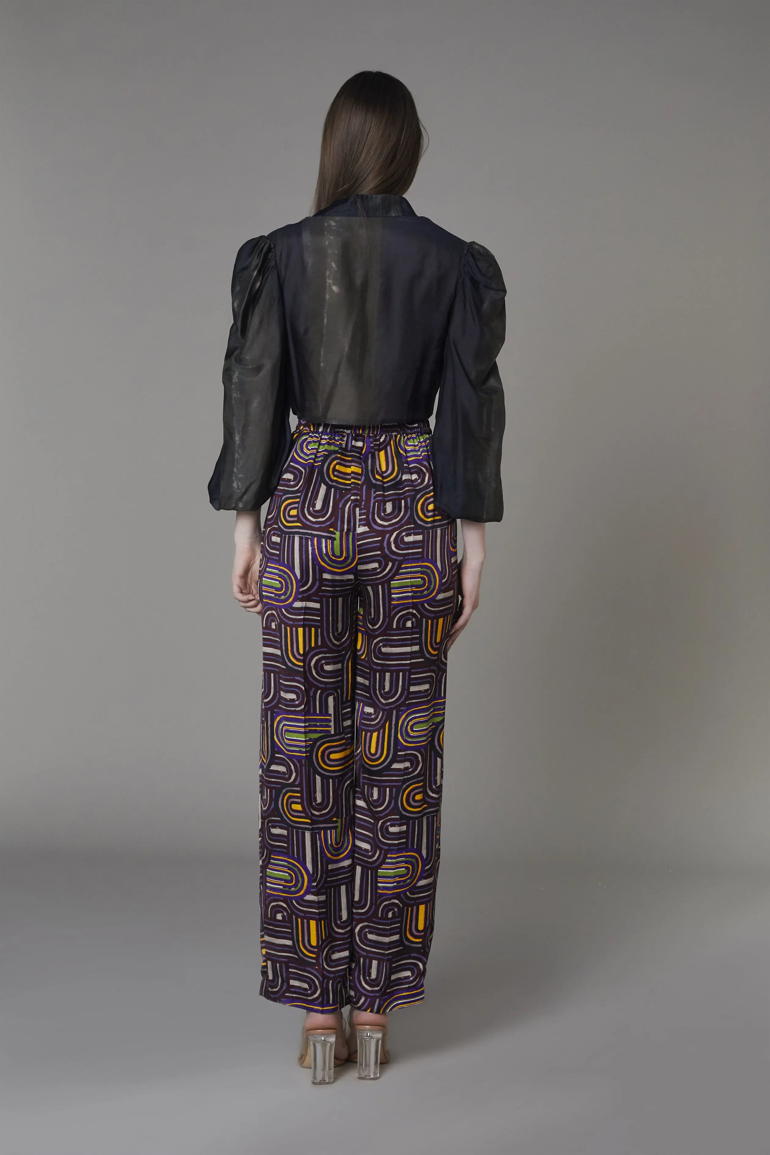 Saaksha & KinniÂ    I   Olive black stripe knot shirtPurple semi circle pants Blouse - Cotton SilkTrousers - Satin Blouse - Olive BlackTrousers - Purple   SS22077  SS22118