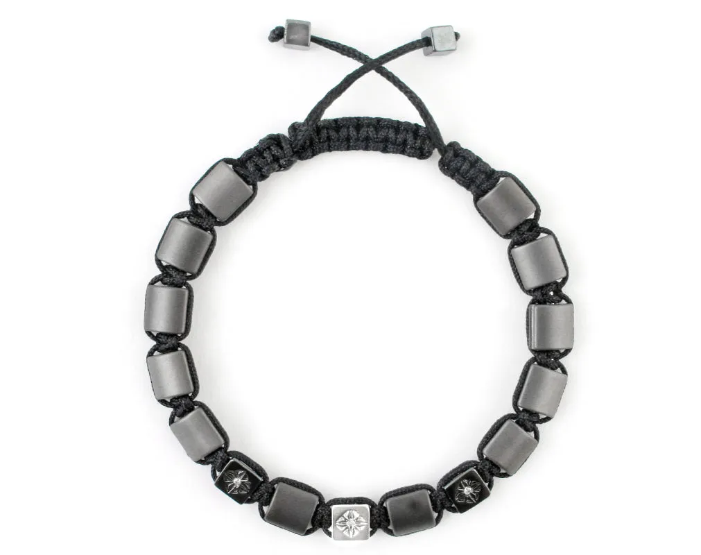 Small Flatbead Men's macrame bracelet with hematite and CZ beads