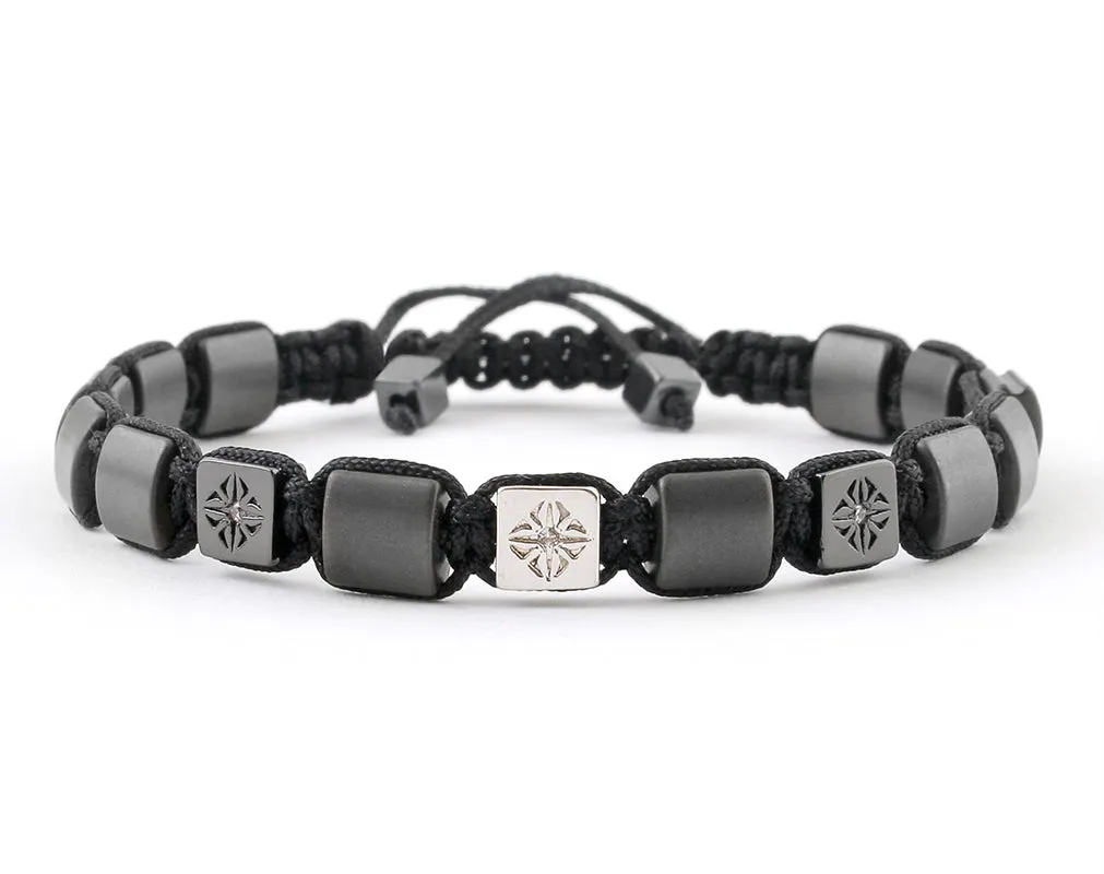 Small Flatbead Men's macrame bracelet with hematite and CZ beads