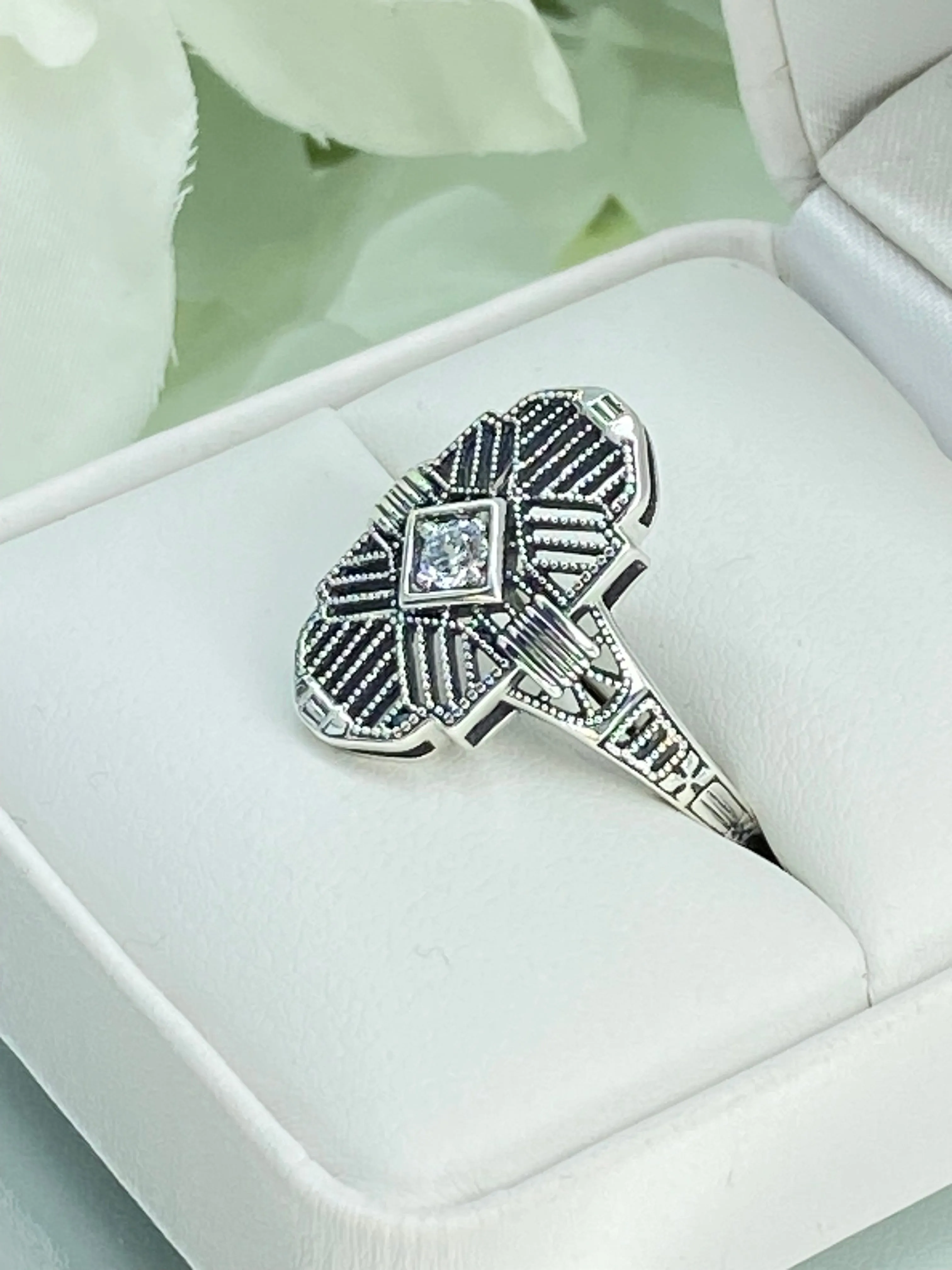 Sparkling White CZ Ring, Size 9 Tuxedo Ring, Geometric Art Deco Jewelry #D589 - Ready to Ship