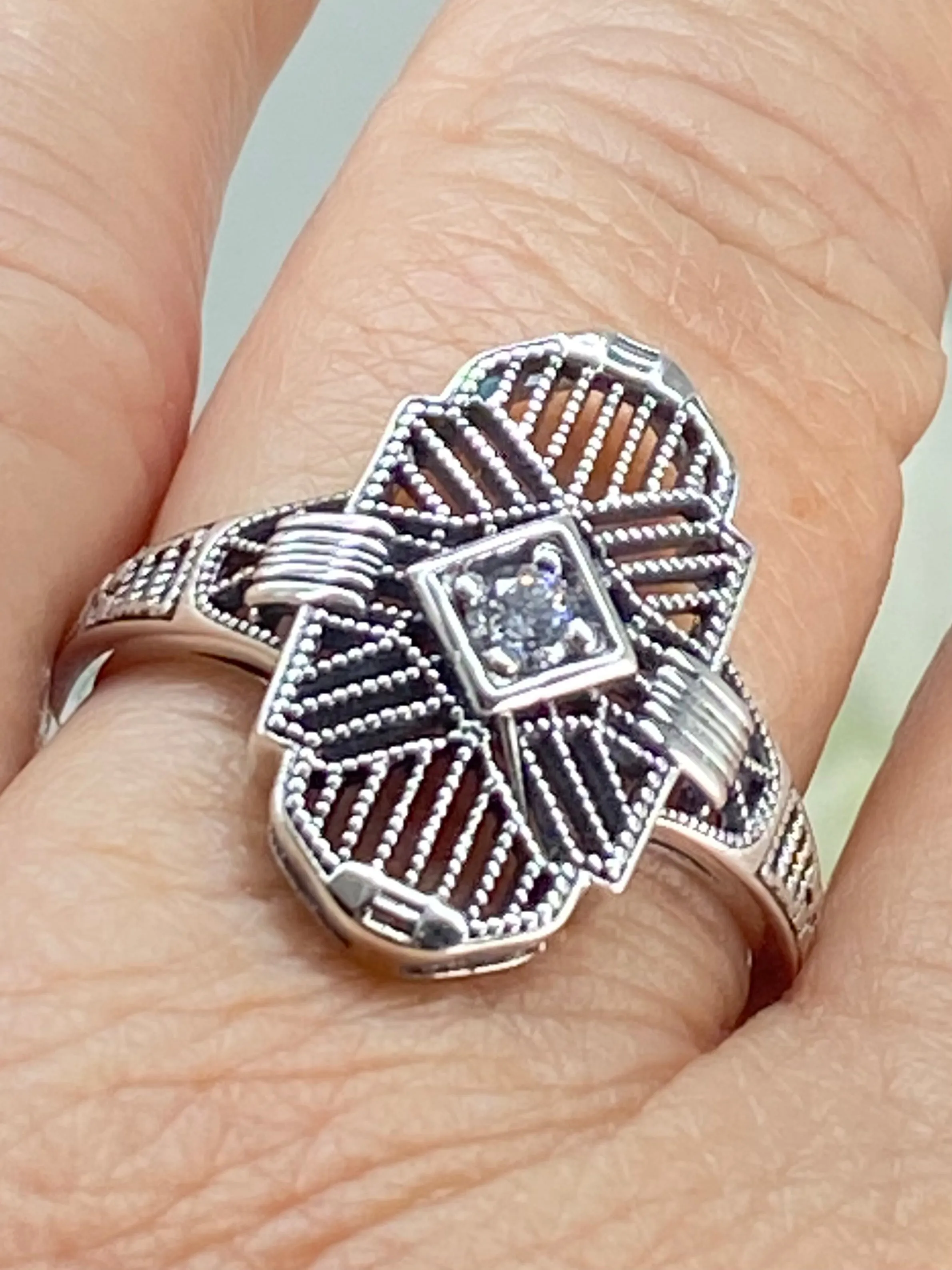Sparkling White CZ Ring, Size 9 Tuxedo Ring, Geometric Art Deco Jewelry #D589 - Ready to Ship