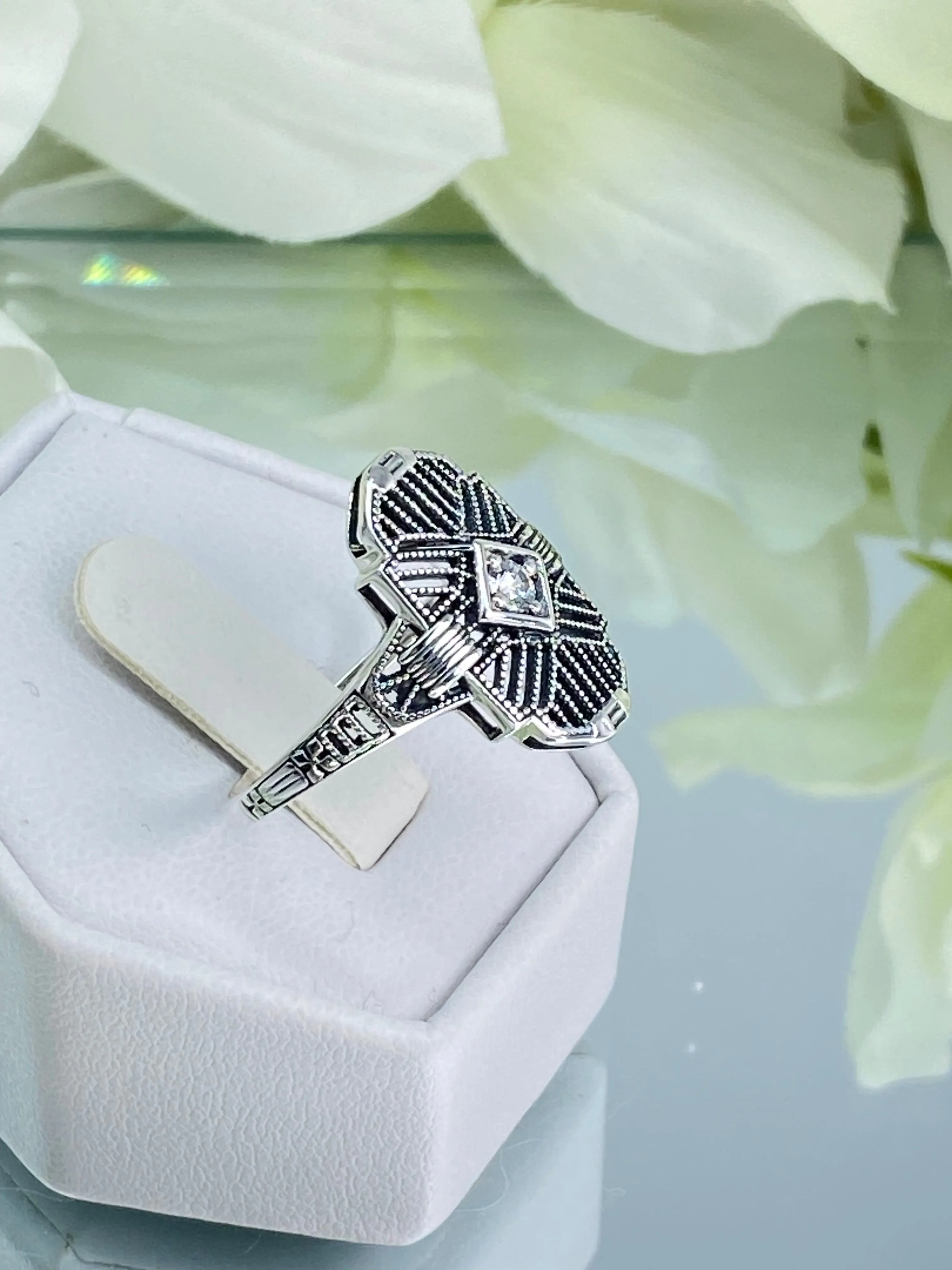 Sparkling White CZ Ring, Size 9 Tuxedo Ring, Geometric Art Deco Jewelry #D589 - Ready to Ship