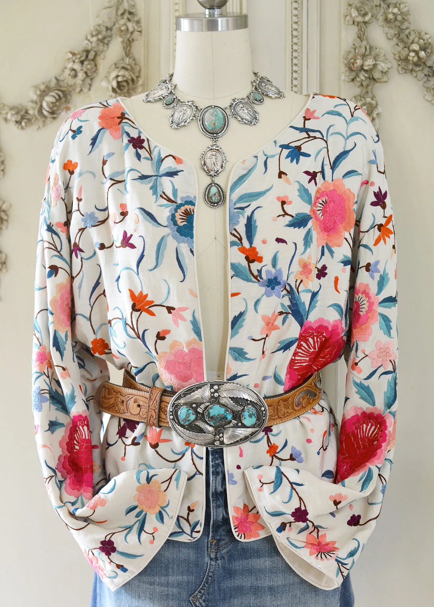 Stella Antique Hand Embroidered Creme, Teal & Rose Silk Crepe Drop Shoulder Jacket