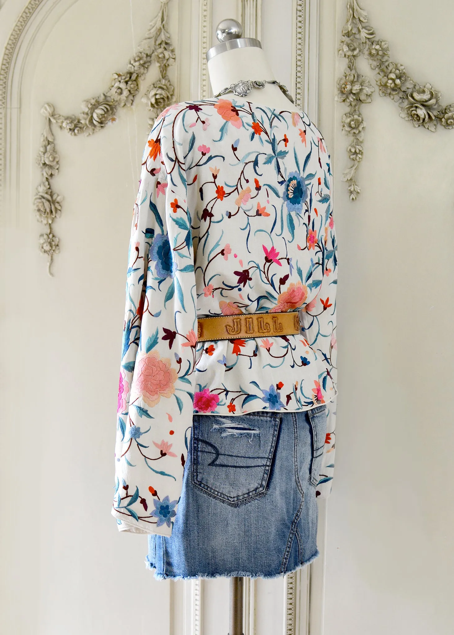 Stella Antique Hand Embroidered Creme, Teal & Rose Silk Crepe Drop Shoulder Jacket