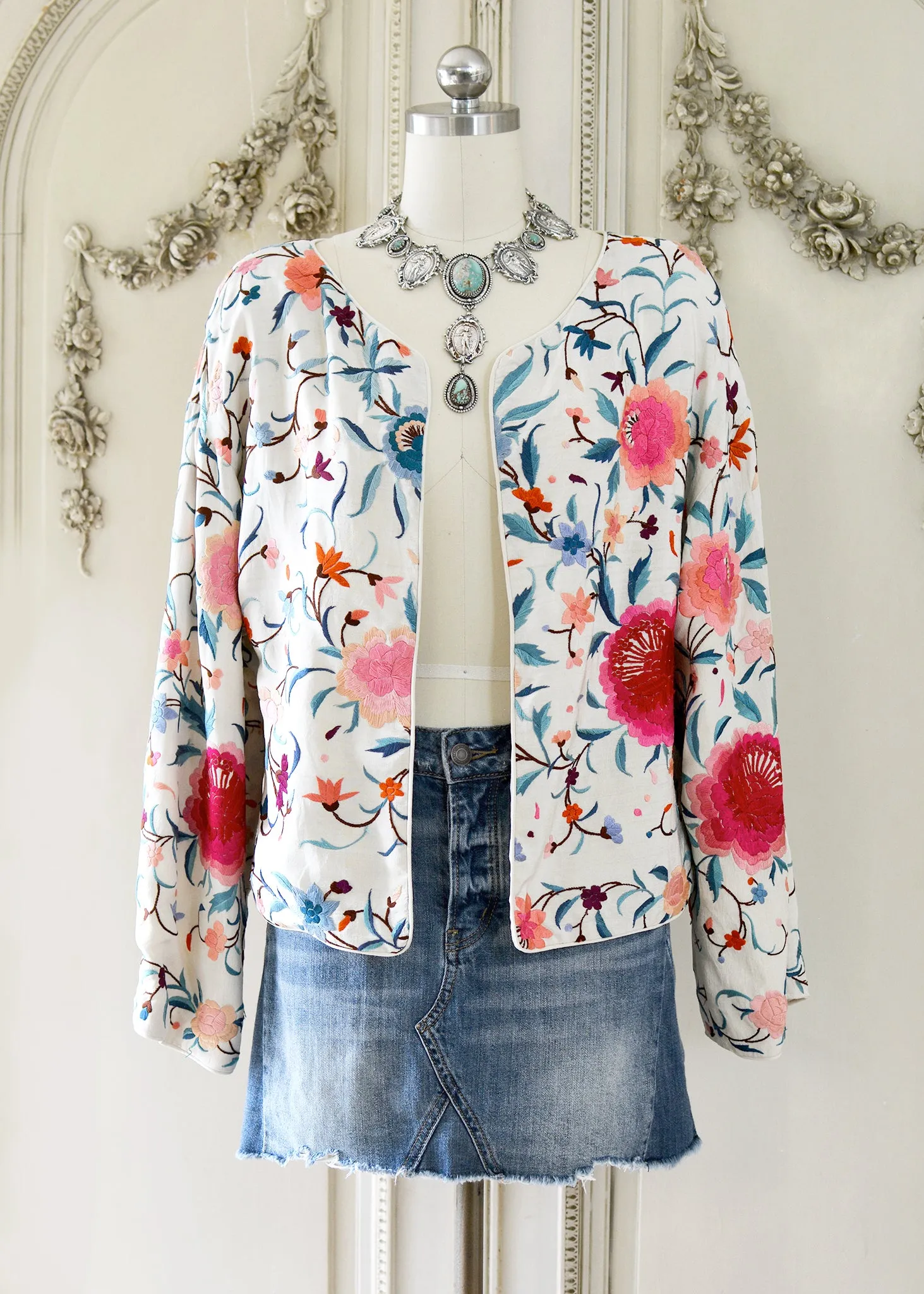 Stella Antique Hand Embroidered Creme, Teal & Rose Silk Crepe Drop Shoulder Jacket