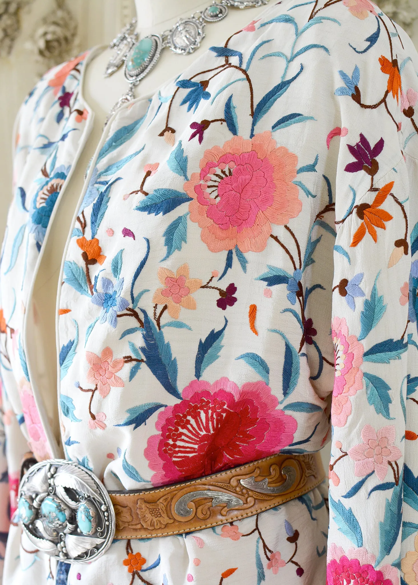 Stella Antique Hand Embroidered Creme, Teal & Rose Silk Crepe Drop Shoulder Jacket