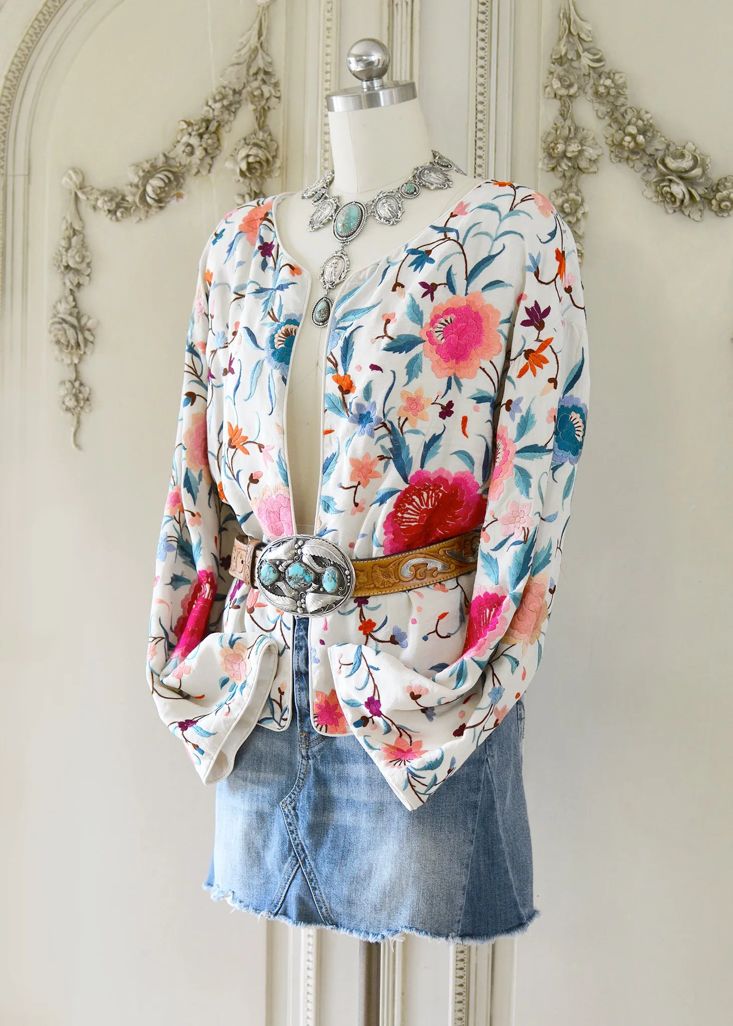 Stella Antique Hand Embroidered Creme, Teal & Rose Silk Crepe Drop Shoulder Jacket