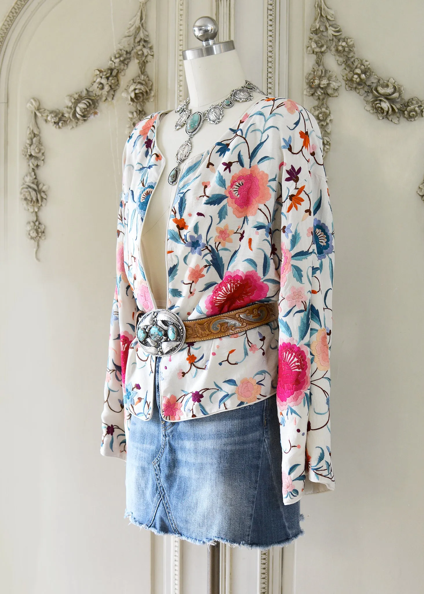 Stella Antique Hand Embroidered Creme, Teal & Rose Silk Crepe Drop Shoulder Jacket