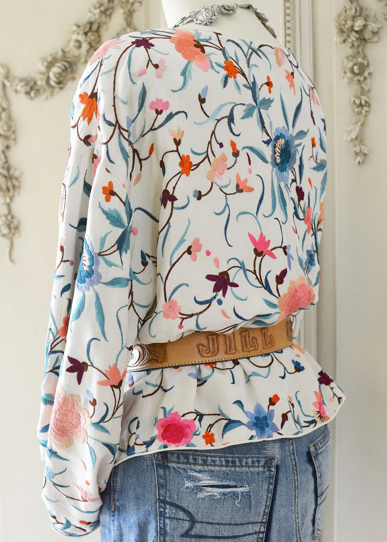 Stella Antique Hand Embroidered Creme, Teal & Rose Silk Crepe Drop Shoulder Jacket