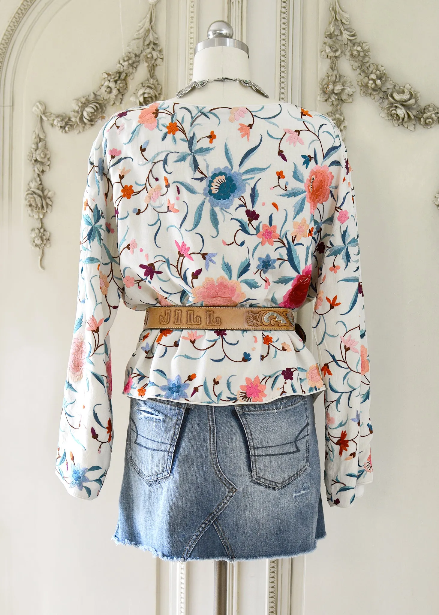 Stella Antique Hand Embroidered Creme, Teal & Rose Silk Crepe Drop Shoulder Jacket