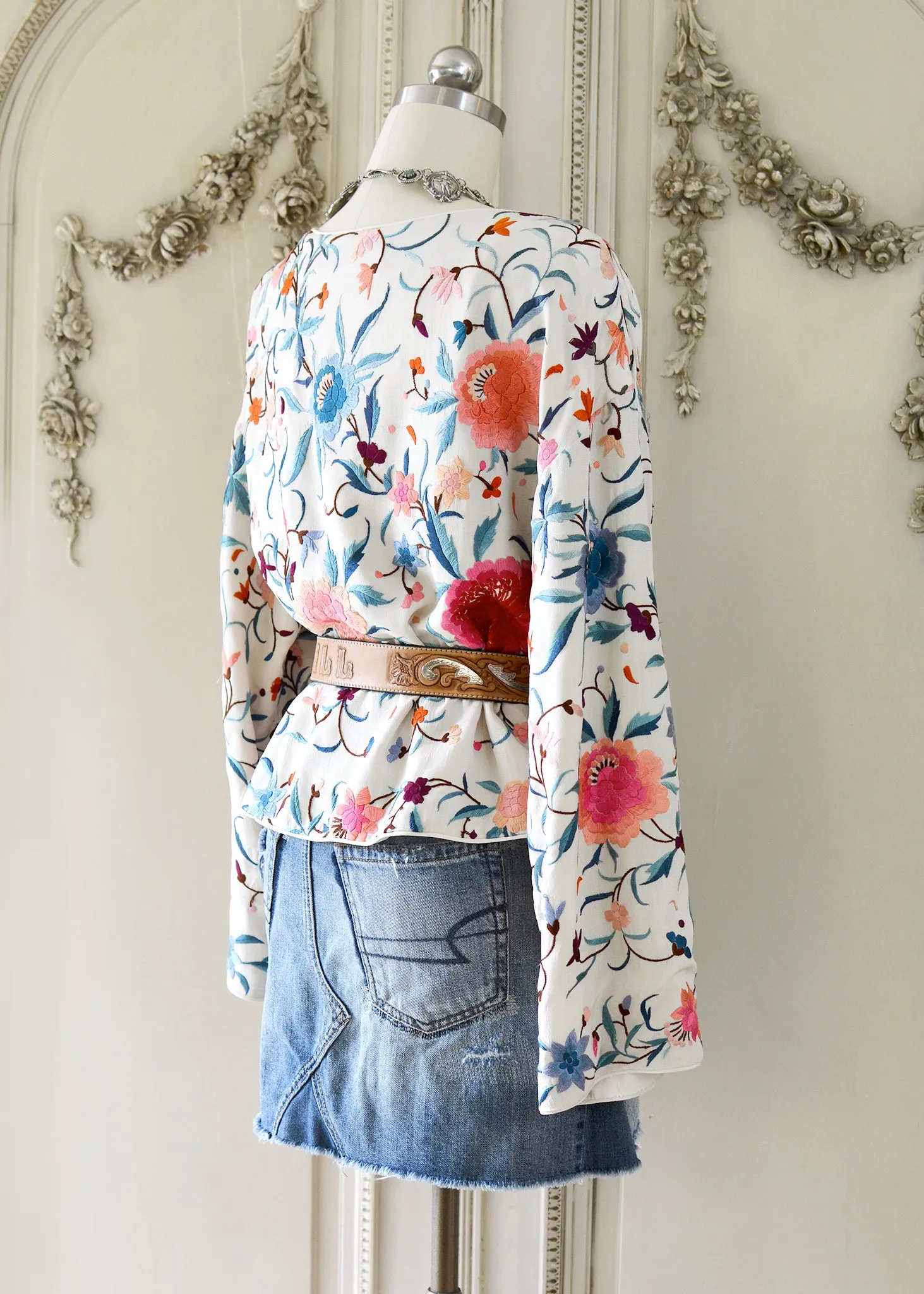 Stella Antique Hand Embroidered Creme, Teal & Rose Silk Crepe Drop Shoulder Jacket