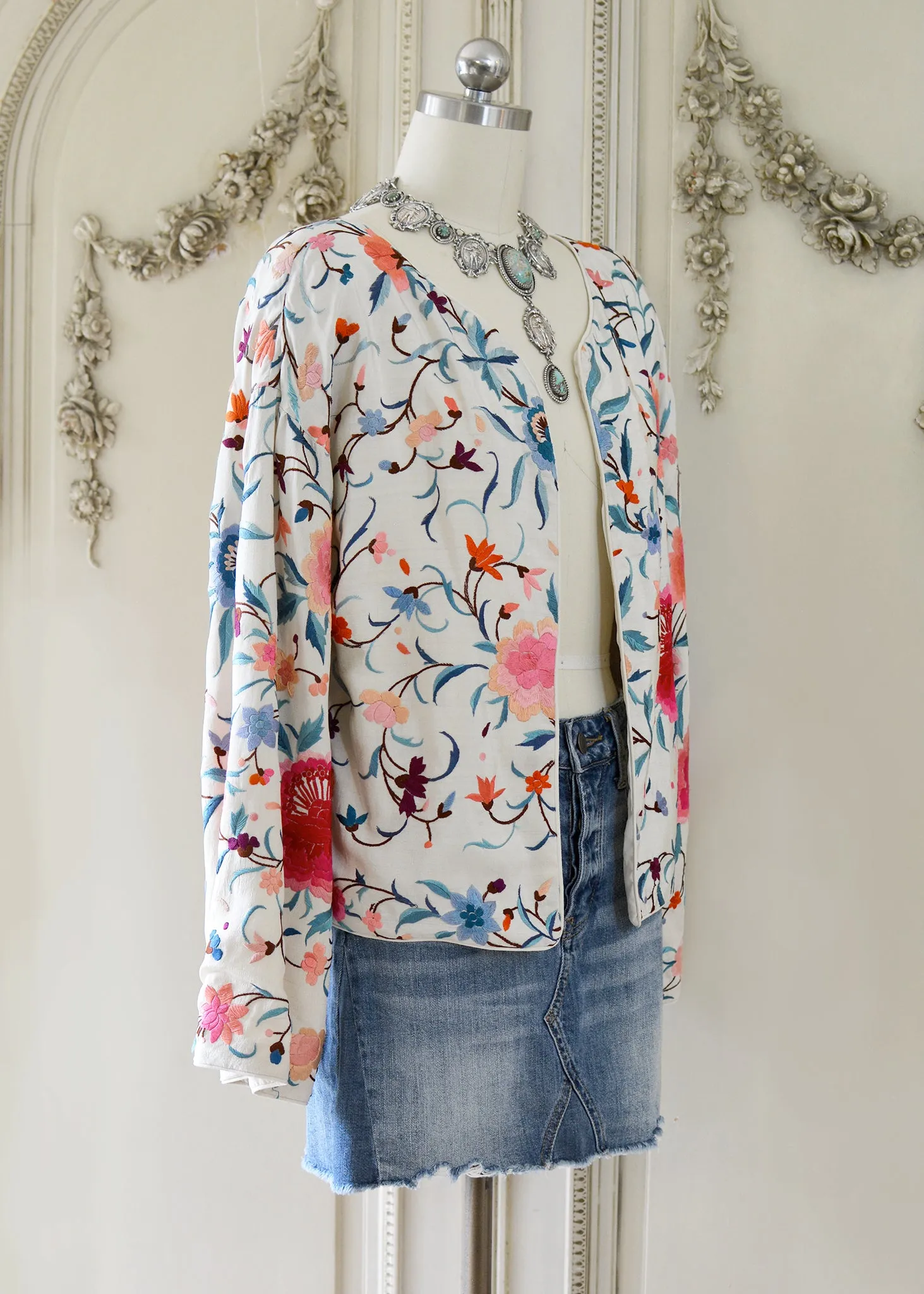 Stella Antique Hand Embroidered Creme, Teal & Rose Silk Crepe Drop Shoulder Jacket