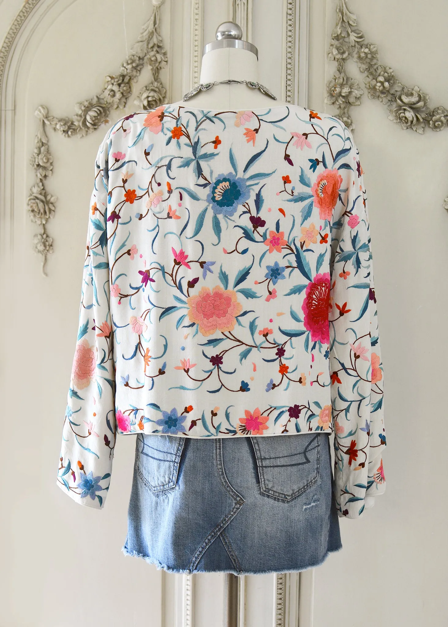 Stella Antique Hand Embroidered Creme, Teal & Rose Silk Crepe Drop Shoulder Jacket