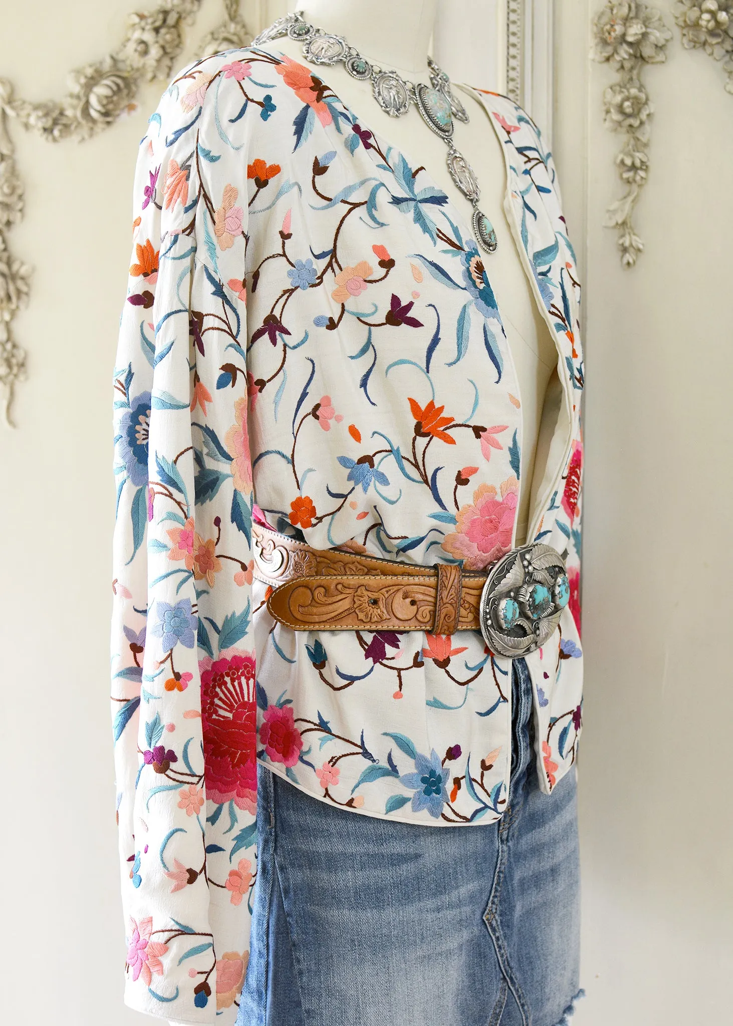 Stella Antique Hand Embroidered Creme, Teal & Rose Silk Crepe Drop Shoulder Jacket