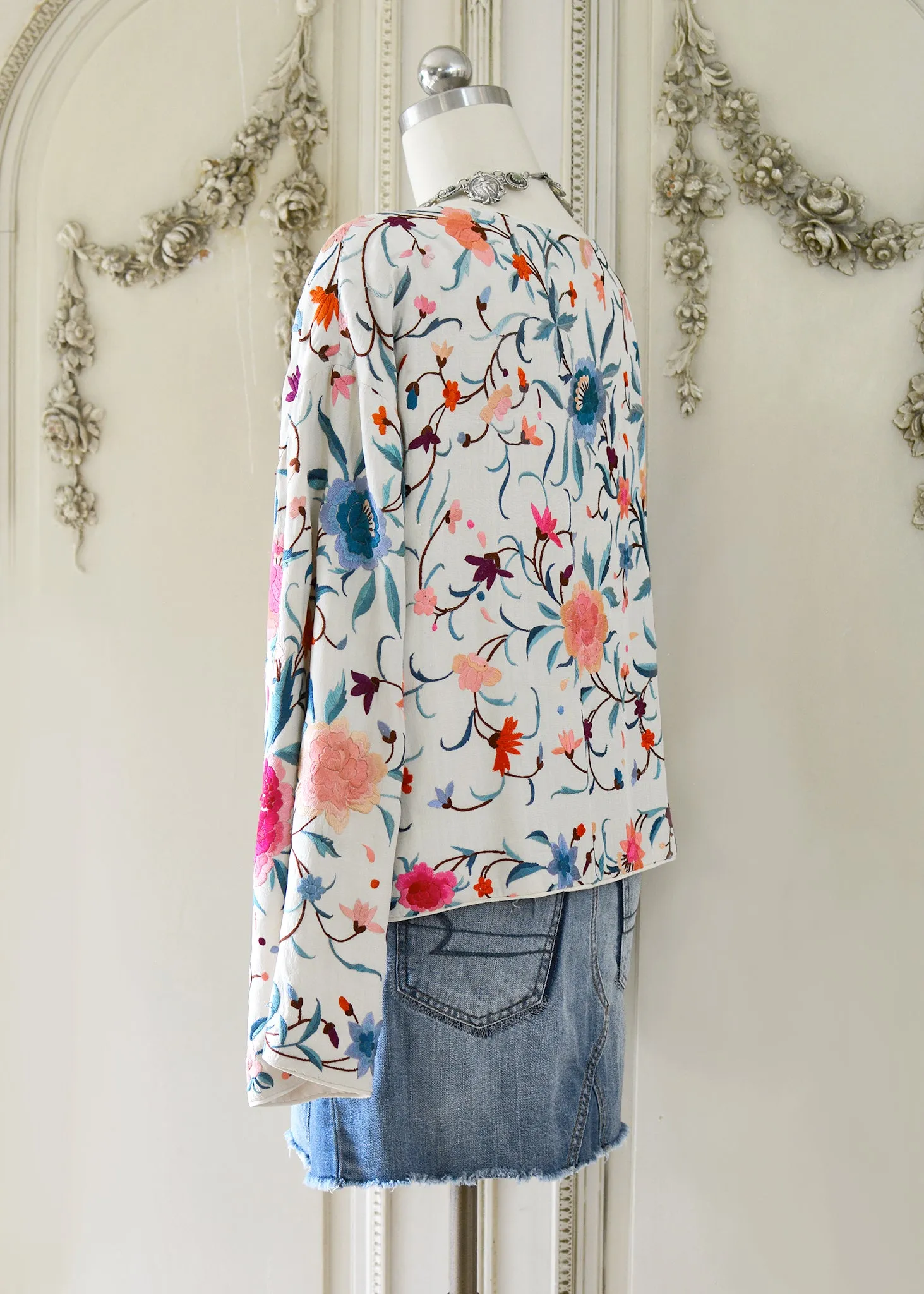 Stella Antique Hand Embroidered Creme, Teal & Rose Silk Crepe Drop Shoulder Jacket