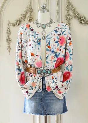 Stella Antique Hand Embroidered Creme, Teal & Rose Silk Crepe Drop Shoulder Jacket