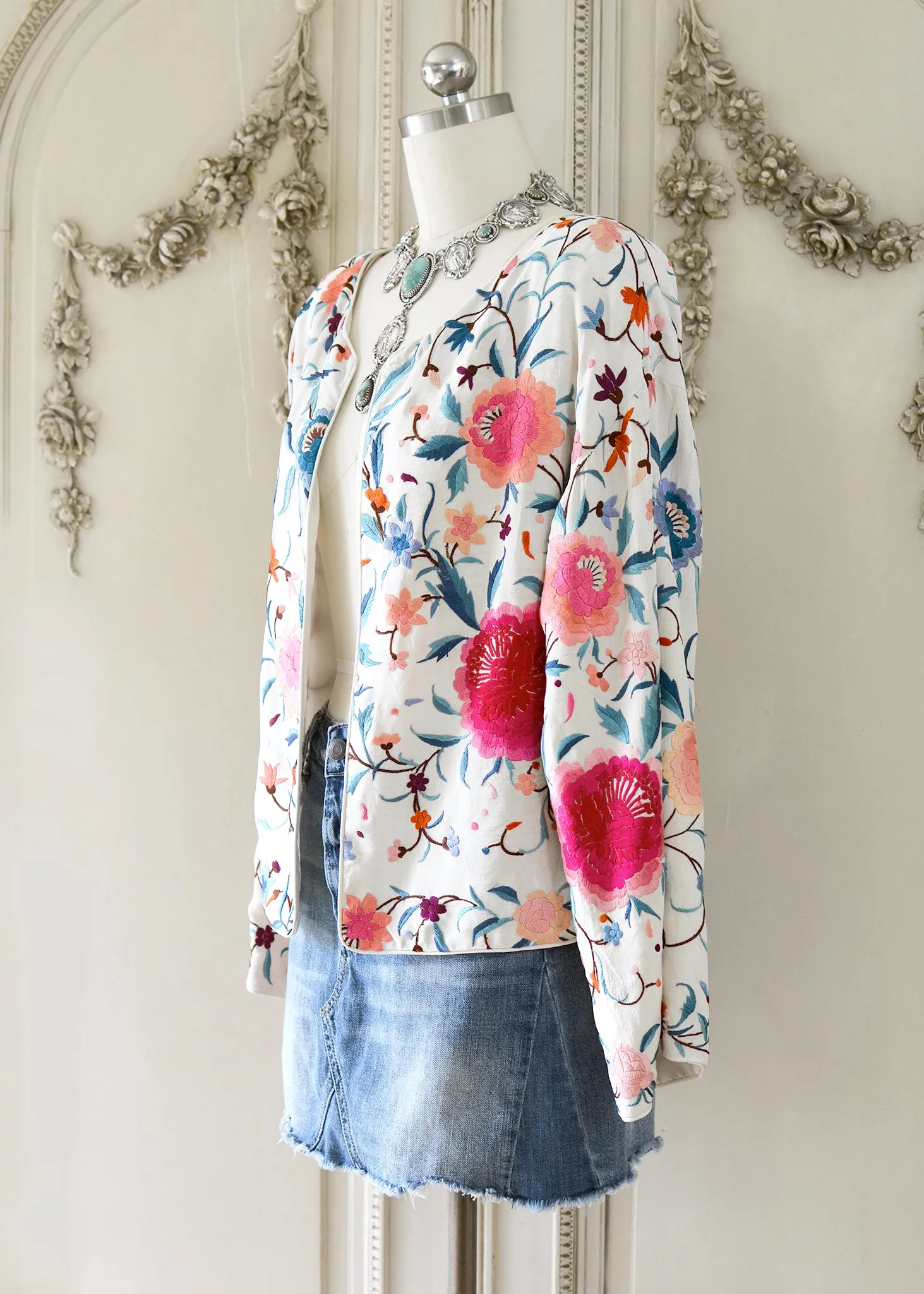 Stella Antique Hand Embroidered Creme, Teal & Rose Silk Crepe Drop Shoulder Jacket