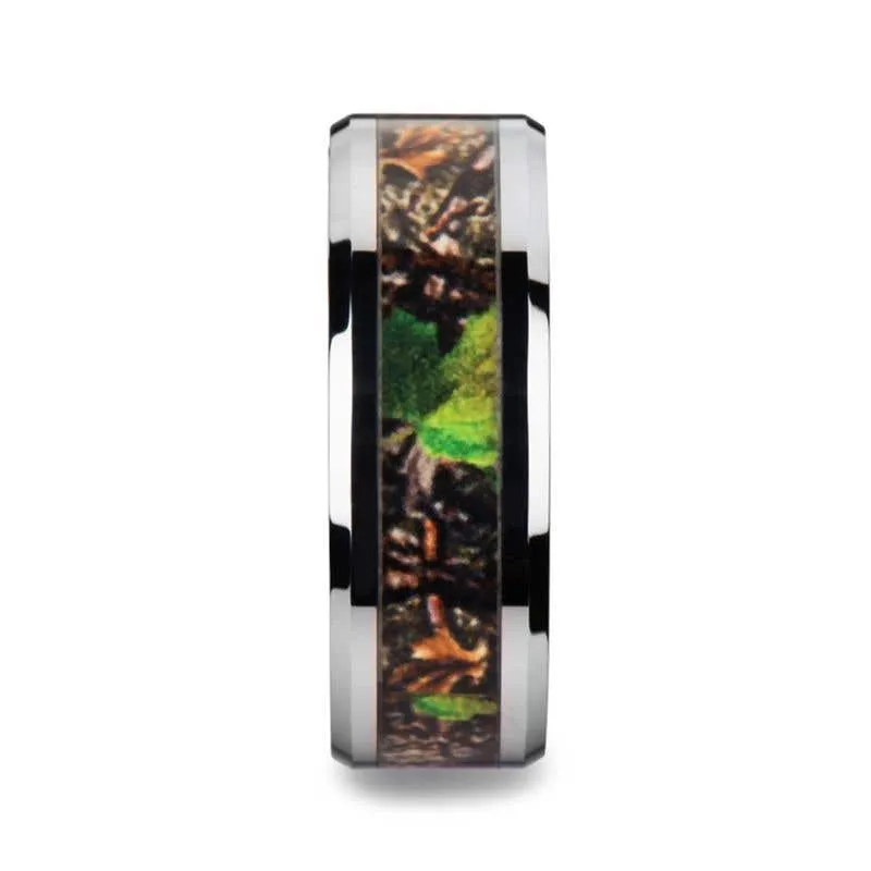 Thorsten OVERGROWTH Realistic Tree Camo Tungsten Carbide Wedding Band with Green Leaves - 8mm