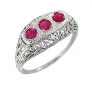 Three Stone Ruby and Diamonds Filigree Ring in 14 Karat White Gold