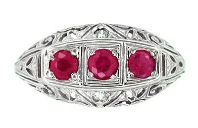 Three Stone Ruby and Diamonds Filigree Ring in 14 Karat White Gold