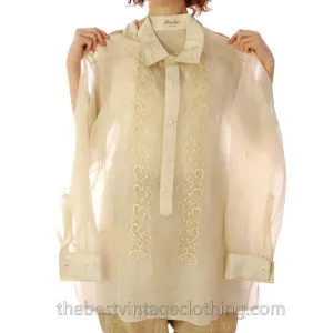 Vintage Mens Manila Shirt 1920s Embroidered Silk Organdy Aurelias 40
