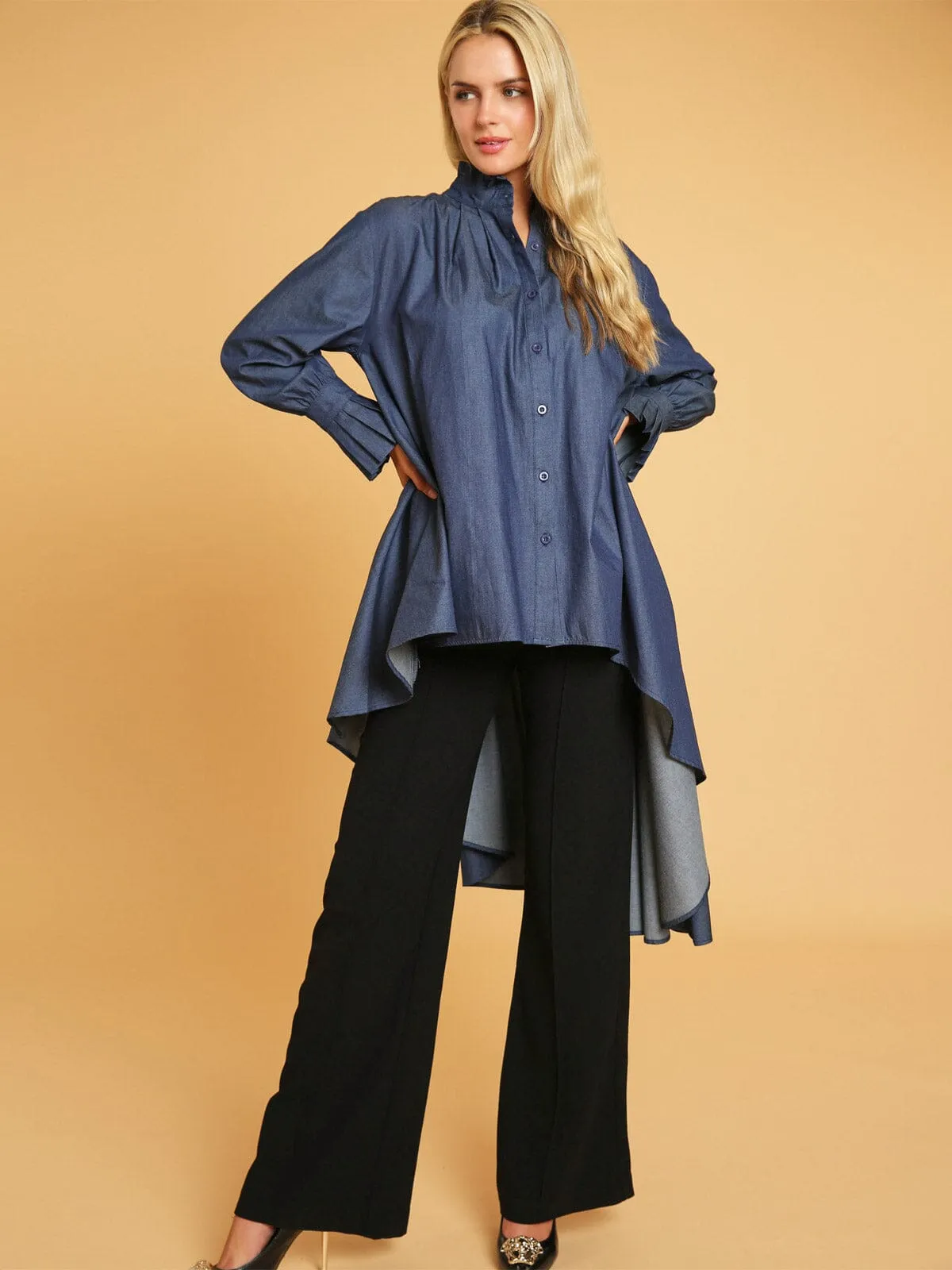 WOMEN'S LONG SLEEVES BUTTON UP HIGH-LOW DENIM TUNIC BLOUSE