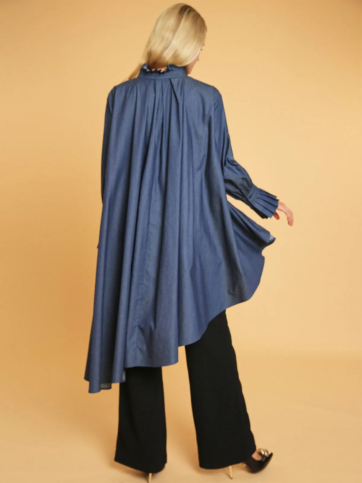 WOMEN'S LONG SLEEVES BUTTON UP HIGH-LOW DENIM TUNIC BLOUSE