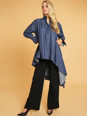 WOMEN'S LONG SLEEVES BUTTON UP HIGH-LOW DENIM TUNIC BLOUSE