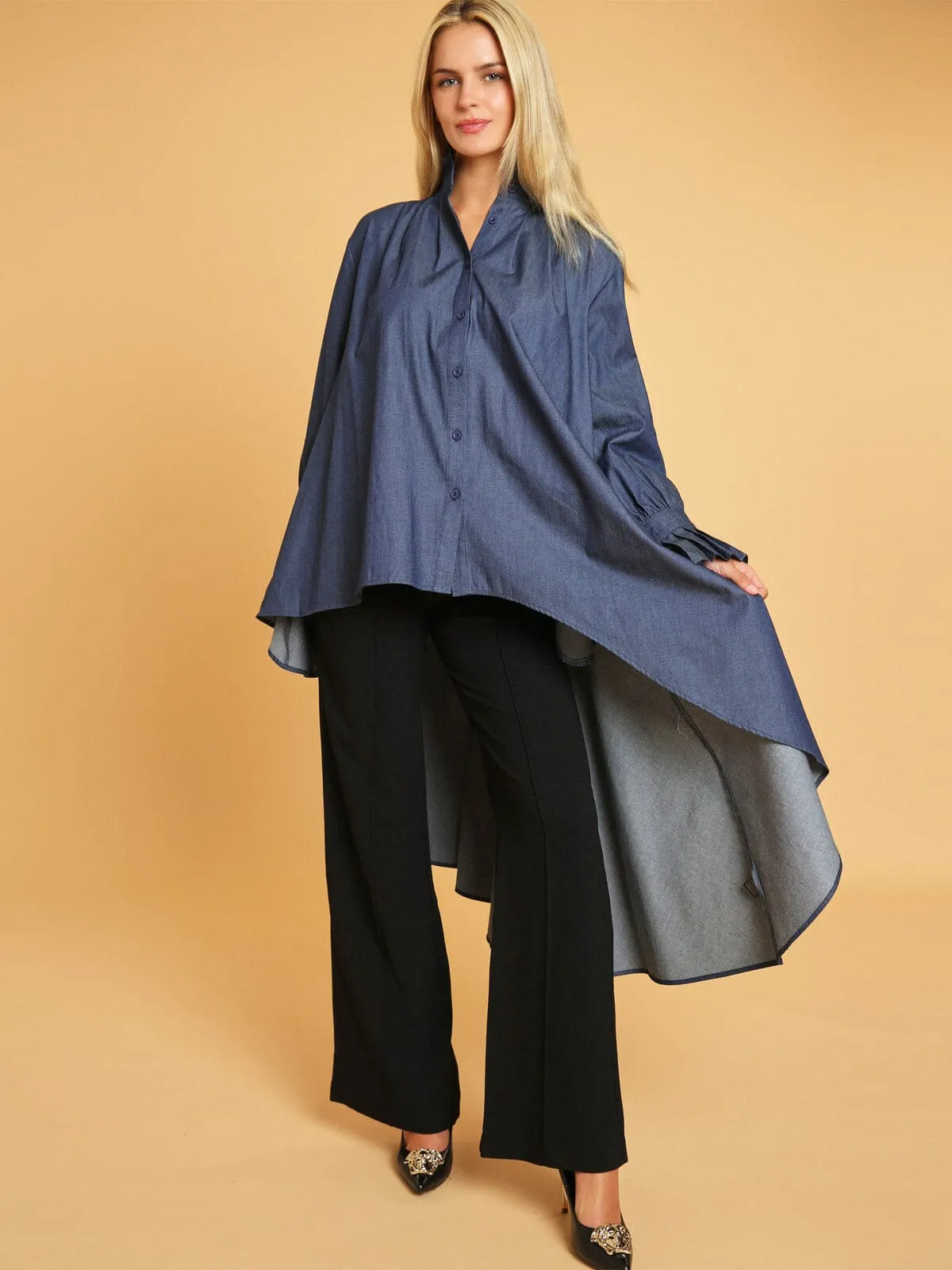 WOMEN'S LONG SLEEVES BUTTON UP HIGH-LOW DENIM TUNIC BLOUSE
